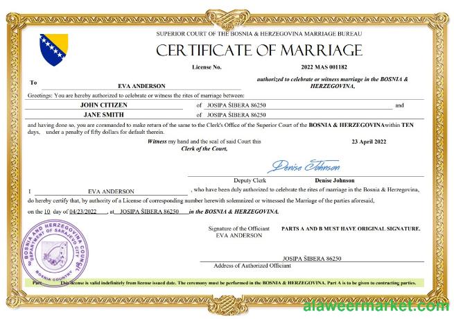 Bosnia & Herzegovina marriage certificate